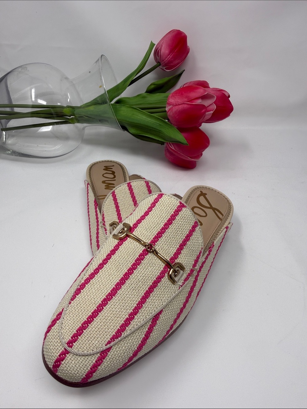 Sam Edelman Cream & Pink Striped Slip-On Mules
